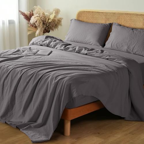 Shilucheng 100% Linen Sheets - Linen Bed Sheets, Breathable & Cooling Pure French Linen Sheets,Soft Durable and Tear Resistant -16 Inch Deep Pocket - 4Pcs（Dark Grey，92" x 102"）