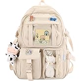 Stylifeo Kawaii Backpack with Cute Bear Plush Kawaii Pin Accessories Large Capacity Aesthetic School Bags Cute Bookbag for Girls Teen Beige