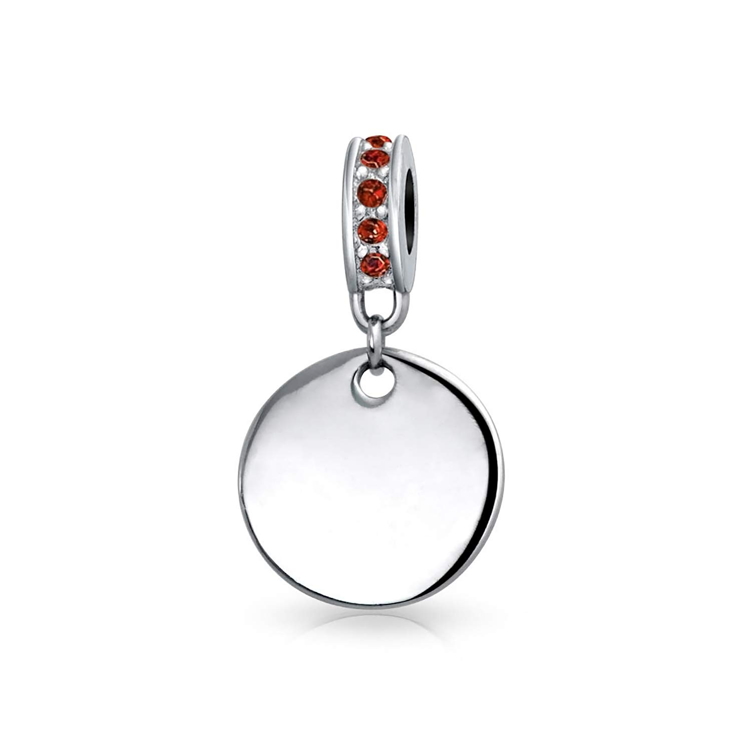 Personalized Engravable Initial Monogram Simulated Red Ruby Crystal Accent Bale Round Circle Disc Shape Dangle Bead Charm .925 Sterling Silver For Women Teen European Bracelet Customizable