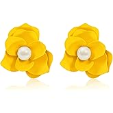 Floral Stud Earrings Chunky Flower Pearl Earrings for Women, Statement Colorful Orange Yellow Resin Flower Jewelry for Spring