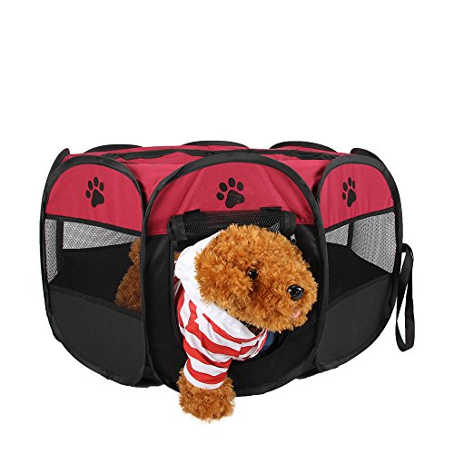 UNFADE MEMORY Portable Foldable Pet Playpen, Indoor/Outdoor, Dog/Cat/Puppy Exercise Pen Kennel, Removable Mesh Shade Cover, Dog pop up Silhouettes pet Pen - Wine,M