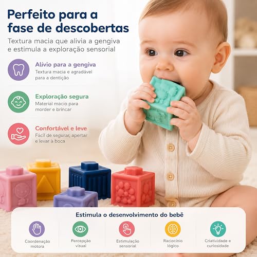 Blocos Sensoriais para Bebê 6M+ 12 Cubos Educativos para Empilhar | Números 0-9 e Símbolos Matemáticos – Brinquedo Didático com Texturas e Som