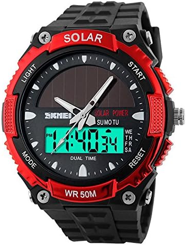 Analog Digital Solar Sport Watch Dual Time Wristwatch Outdoor Watches Novelty Design Large Display 50M Waterproof Fits 15-22cm (Red)