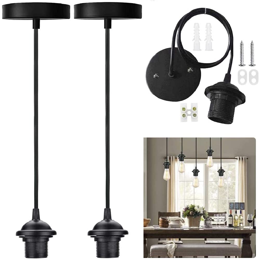 EMAGEREN 2 Pack Black Pendant Light Fitting E27 Ceiling Rose Pendant Vintage Pendants Lamp Holder Suspension Flex Ceiling Lights Pendants Fitting Kit with 1Meter Cable for Screw-Type Bulb Lights