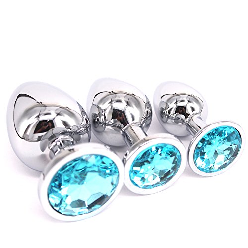 Eastern Delights 3 Pcs Jewelry Anal Plug Steel Metal Butt Plated Plug with Penis Condom, Light Blue