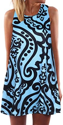 KMG Kimloog Women's O-Neck Boho Sleeveless Summer Beach Sundress Floral Printed Casual T-Shirt Short Mini Dress White