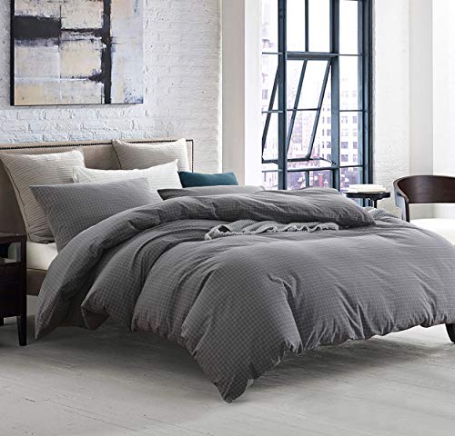 SLEEPBELLA Duvet Cover Set, 2 Pieces Washed Cotton Grid Comforter Quilt Cover (Grey Plaid, Twin)