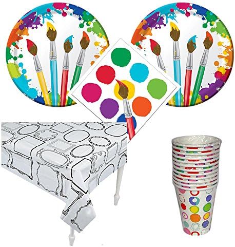 Art Party Supplies, 12 guests - dinner plates, napkins, cups, tablecover