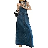 chouyatou Women's Adjustable Strap Distressed Denim Overall Dress A-Line Back Split Pinafore Bib Jean Dress