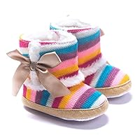 DZT1968 Baby Girl Rainbow Stripe Coral Fleece Snow Boots Shoes with Bowknot (12~18 Months)