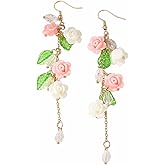 Pink Rose Flower Dangle Earrings Colorful Flower Rose Tassels Earrings for Women Sweet Elegant Plant Jewelry Accessories