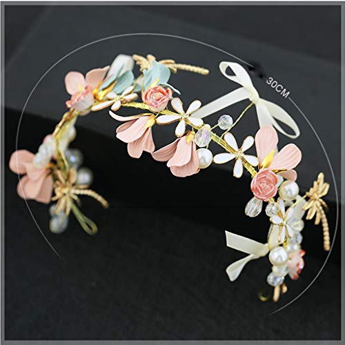 Wreath Flower Girl Headband Pink Handmade Crystal Headdress Wedding Bridal Hair Accessories (Size : 30cm)