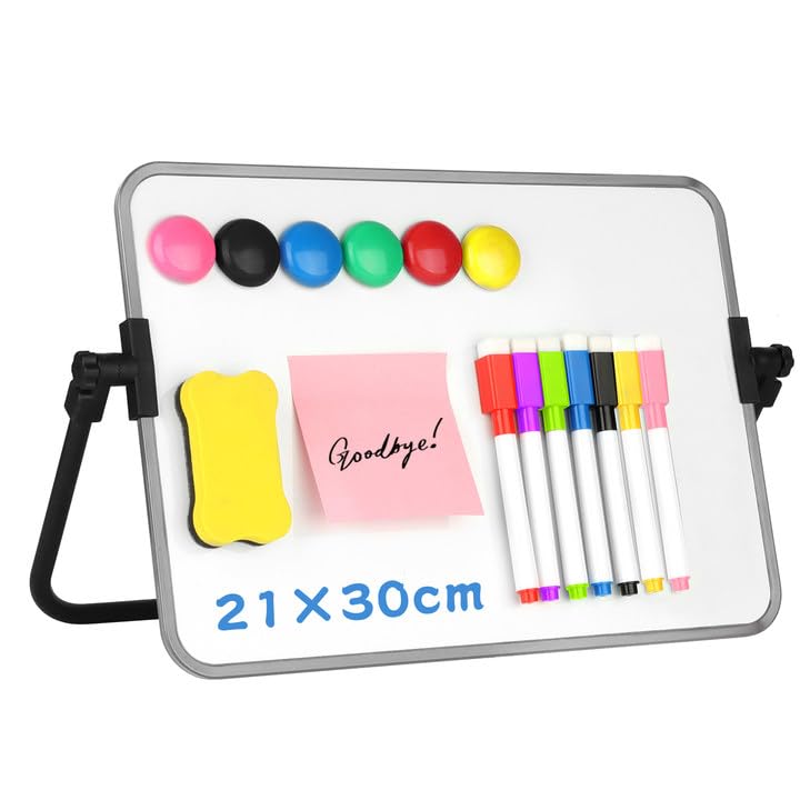 Portable Dry Erase Whiteboard,30×21 cm Double Sided White Board Small Whiteboard with Stand,Magnetic A4 Whiteboard with Dry Erase Pens,Magnets and Eraser for Desk Office Kitchen School (Grey)