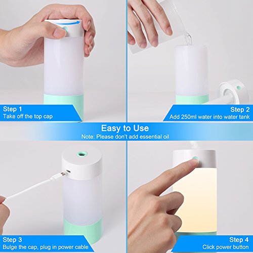 Sbode Humidifier, USB 250 mL Cool Mist Humidifiers for Babies Bedroom, Night Light Mode, and Whisper Quiet for Office Home Car Travel(Green) - Thumbnail 4