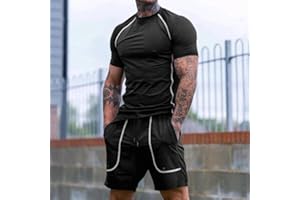 Men's 2 Piece Athletic T-Shirt and Drawstring Shorts Set with Contrast Stitching for Workout and Gym Looks (Black,Medium)