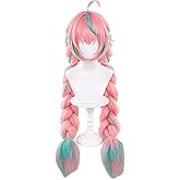 Servelove Game Pink Green Long Wig Braid Hair Characters Costume Wigs For Unisex Game Anime Role Play Halloween Christmas Party