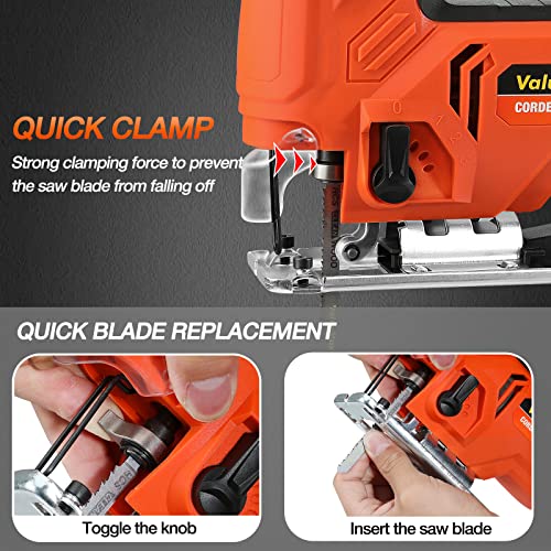 ValueMax Jig Saw, 5.0AMP Jigsaw Tool Kit with 6 Variable Speeds, 4-Position Orbital Setting, ±45° Bevel, Dust Blower and 6PCS Blades, 800-3000SPM, Corded Jigsaw for Wood, Metal and Plastic Cutting