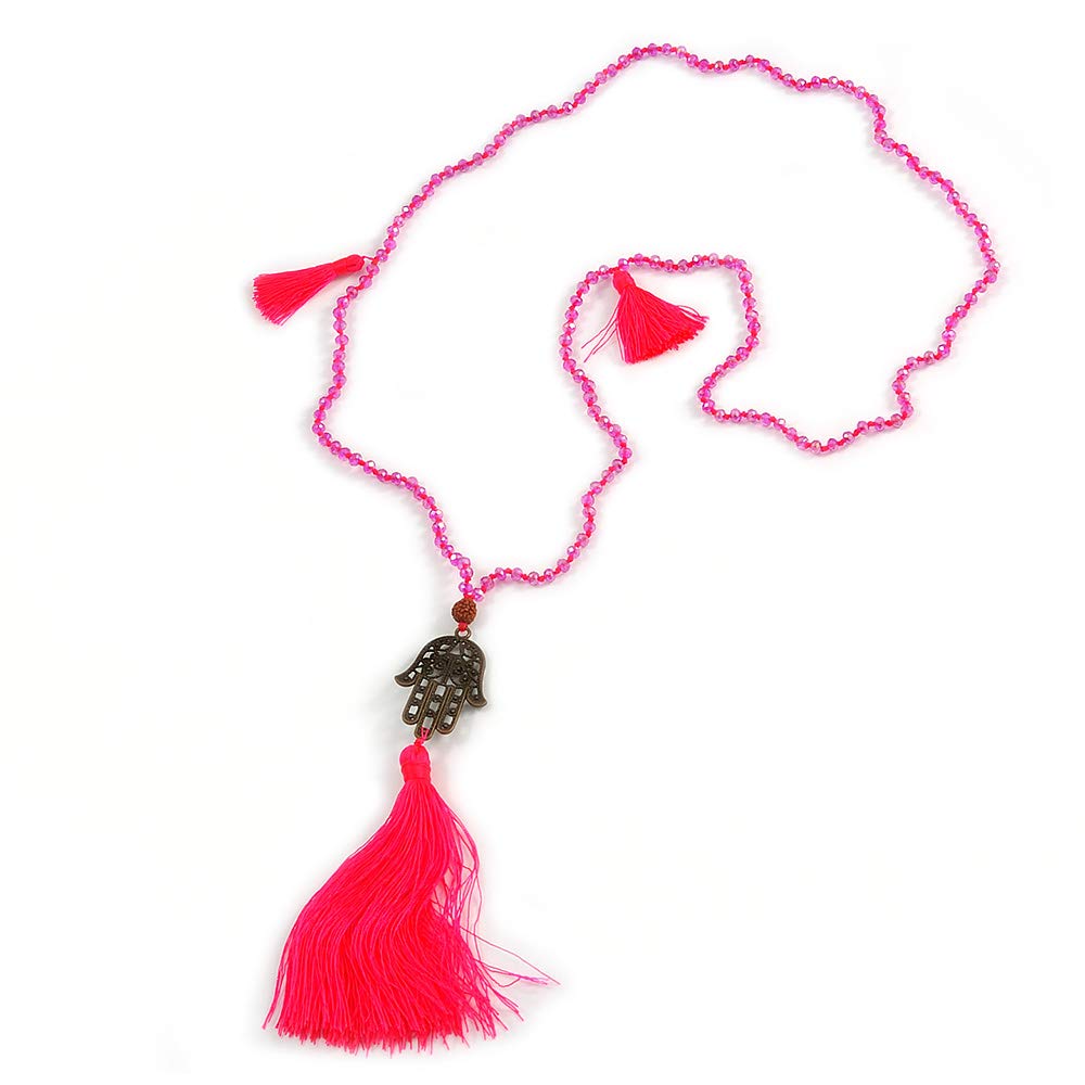 Avalaya Crystal Bead Necklace with Bronze Tone Hamsa Hand Charm/Silk Tassel Pendant in Deep Pink / 80cm L/ 14cm Tassel
