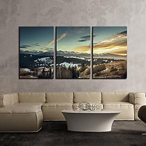 3 Piece Canvas Wall Art - Mountainous Area with Snow at Sunset Time - Modern Home Art Stretched and Framed Ready to Hang - 16"x24"x3 Panels
