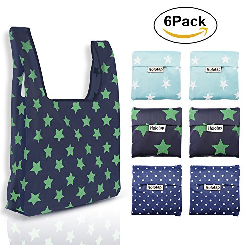 Reusable Grocery Bags Set of 6 Heavy Duty Foldable Shopping Tote Bag by Holotap Nylon Reusable Shopping Bag fits in Pocket Washable, Durable and Lightweight (Big five-pointed star, Spot) - Thumbnail 5