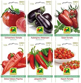 6 varieties | Vegetable seeds Assortment | Gourmet Edition | Set for Eggplant Italiano-Paprika Jalapeno-Chili Ox-heart-Tomato Salad-Tomato Nasch-Tomato | for cultivation in garden-bed and balcony
