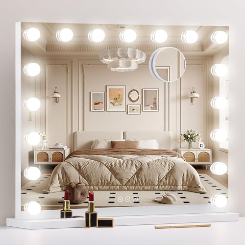 NUSVAN Vanity Mirror with Lights,Makeup Mirror with 17 Dimmable LED Bulbs, 3 Color Lighting Modes Detachable 10X Magnification Mirror Touch Control, 23.6X19,7 inch, White