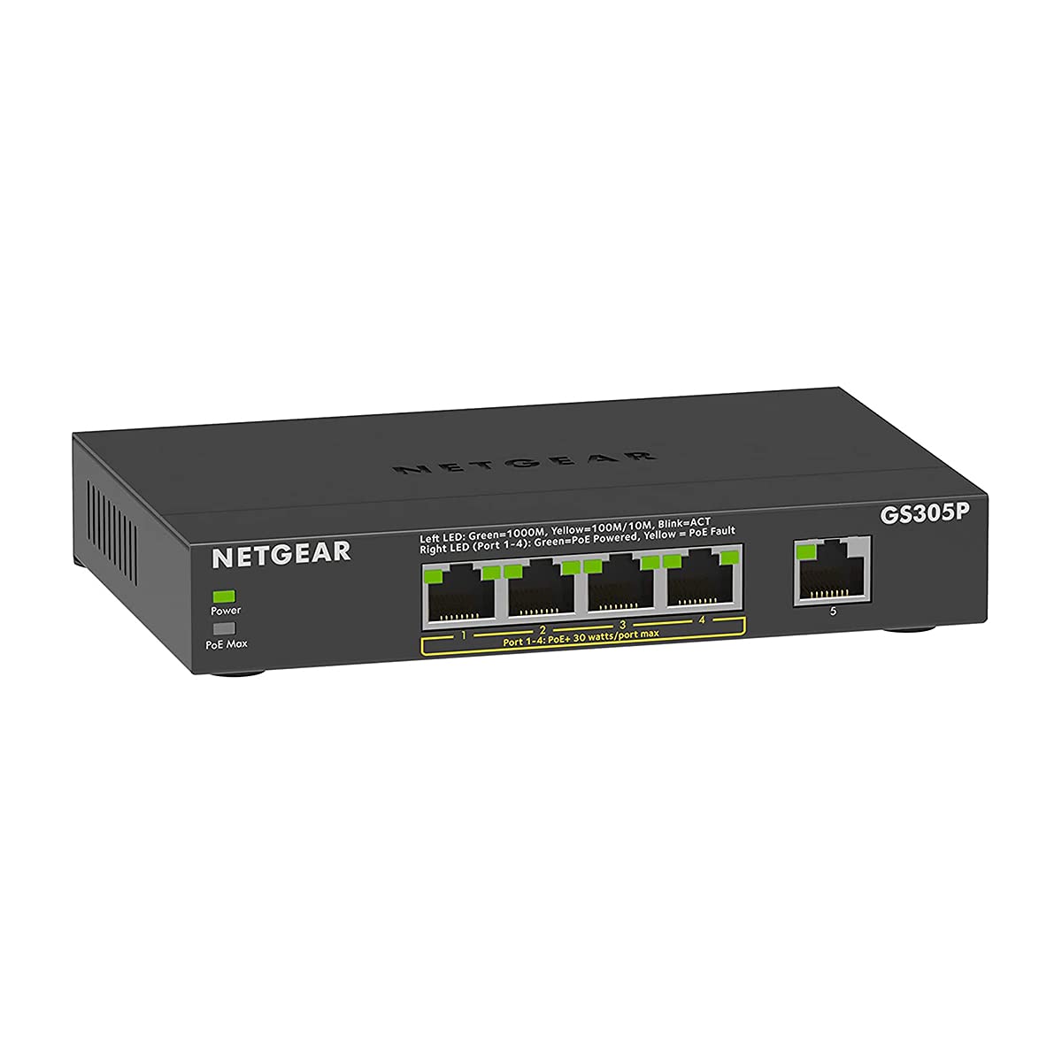NETGEAR 5-Port Gigabit Switch, Hub, Internet Splitter (GS305P) - with 4 x PoE @ 55 W, Desktop, Sturdy Metal Fanless Housing