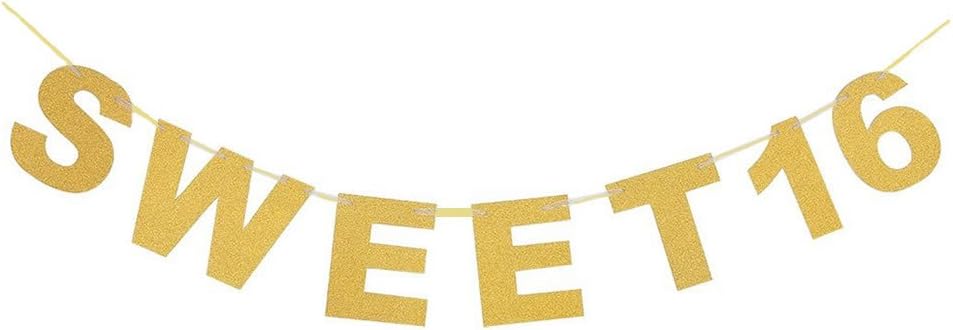 Veewon Sweet 16 Banner Gold Glitter Letters Bunting Garlands 16th Birthday Anniversary Party Photo Prop Decor