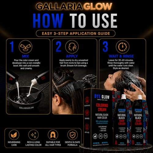 GALLARIAGLOW DyeGlow Hair Color Cream – Natural Black | Ammonia-Free & Non-Allergic Hair Dye | Nourishing & Anti-Aging Formula | 1000ml (500ml + 500ml)
