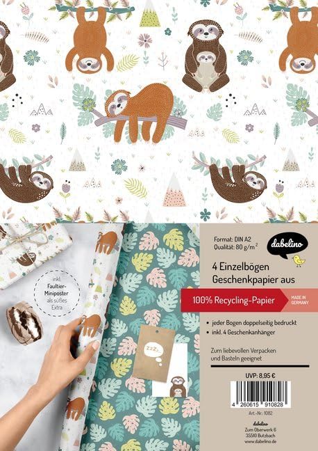 Gift Paper Set for Kids: Faultier: 4x Einzelbögen + 4x Geschenkanhänger