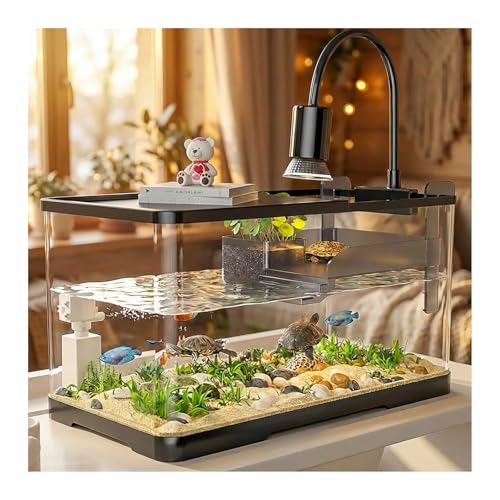 Homodoskey Acrylic Fish Aquarium Ultra Clear, Turtle Tank Starter Kit with Light & Filter, Innovative Bottom Drainage, Desktop Mini Habitat - Multi-Function Areas for Crabs & Small Reptiles (Size L)