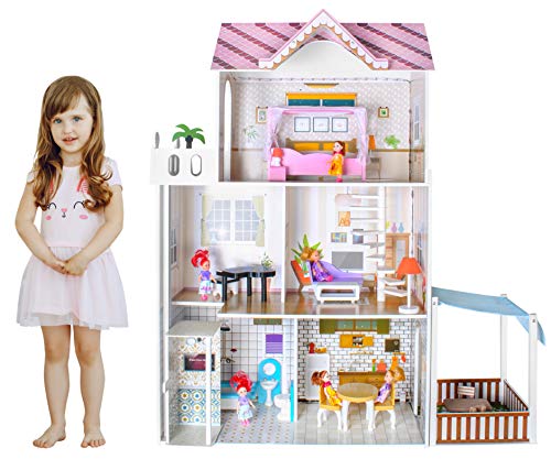 Puppenhaus Puppen-Villa mit Zubehör aus Holz 120 cm hoch Mädchen Spielzeug ab 3 Jahren 9152 – Bild 5
