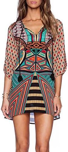 Women Bohemian Neck Tie Vintage Printed Ethnic Style Summer Shift Dress (L, Pattern29)