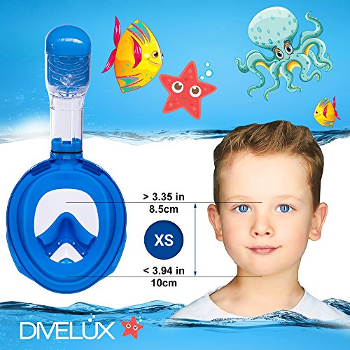 DIVELUX Snorkel Mask - Original Full Face Snorkeling and Diving Mask with 180° Panoramic Viewing - Longer Ventilation Pipe, Watertight, Anti Fog & Anti Leak Technology, For Kids (Blue, XS) - Thumbnail 6