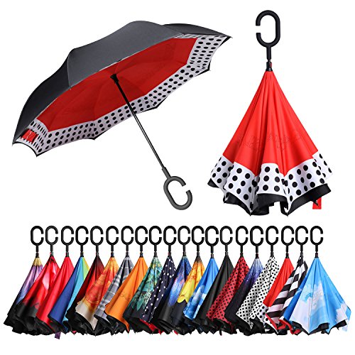BAGAIL Double Layer Inverted Umbrellas Reverse Folding Umbrella Windproof UV Protection Big Straight Umbrella Car Rain Outdoor C-Shaped Handle Red White Dot