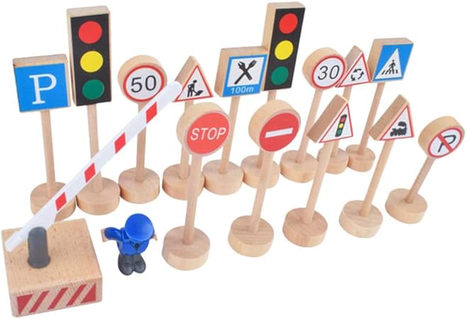 Amazon Toyvian 15ピース交通標識おもちゃ道路警告サイングッズミニ木製交通標識おもちゃ子供幼児用 赤ちゃん 幼児のおもちゃ おもちゃ