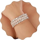 YERTTER Wedding Silver 3 Row Pearl Rhinestone Stunning Bracelet Layered Adjustable Stretch Wrap Cuff Bridals Crystal Strand Bracelet Gift for Women Brides (Silver 3)