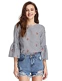 Floerns Women's Floral Embroidery Loose Blouse Bell Sleeve Top Black Check L