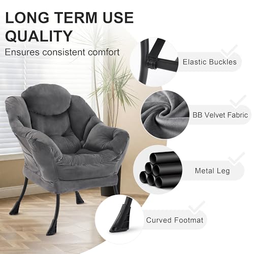 Zedachica Lazy Chair with Ottoman, Modern Upholstered Accent Armchair with Foot Stool, Lounge Reading Chair for Adults, Leisure Living Room Chair with Side Pocket for Bedroom, Dorm, Darkgrey