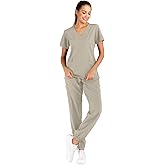 Minty Mint Women's Medical Scrubs - Solid Stretchy Top and Jogger Sets Khaki M