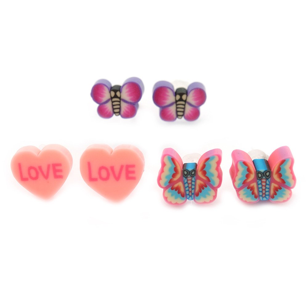 Children's/Teen's/Kid's Fimo Pink Heart, Pink Butterfly & Purple Butterfly Stud Earrings Set - 10mm Across
