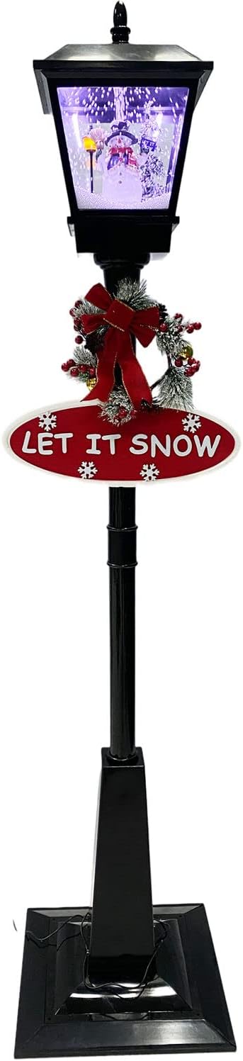 Snow Globes - Fraser Hill Farm Let It Snow Series 71-in. Musical Street Lamp with Snowman Scene | 2 Festive Signs | Cascading Snow | Christmas Carols | Holiday Home Decor | Black | FSSL071A-BLK4