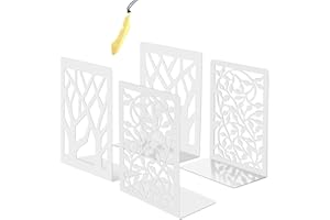 Iycnkok Bookends for Shelves Book Ends Holders Stoppers Supports Heavy Duty Metal, for Office Home Decorative, Tree and Leaf Design, 2 Pair White, Bookmark Included