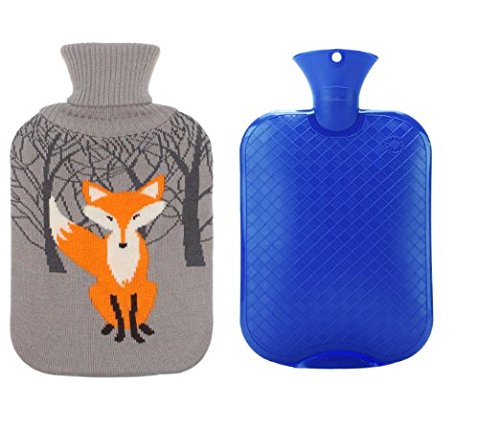 Premium Classic Transparent Hot/Cold Water Bottle w/ Cute Knit Cover (2L, Blue / Gray with Fox)