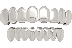 CANJOYN 8 Teeth Grillz 18K Gold Top and Bottom Grills Set Shiny Hip Hop Teeth Grillz + Extra Molding Bars