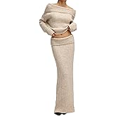 NRTHYE Women 2 Piece Sweater Sets Off The Shoulder Long Sleeve Top Bodycon Knitted Maxi Skirt Sweater Set Outfits