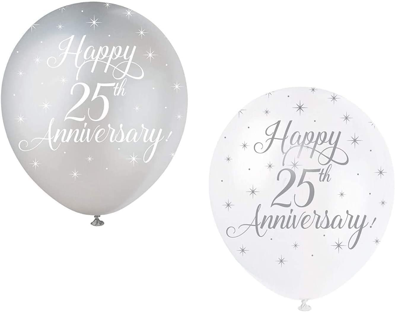 Happy 25th Anniversary White & Silver Latex Balloons (30cm) Pack of 5 - Elegant Celebration Decorations