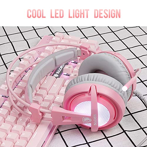 SADES USB 7.1 Stereo Wired Gaming Headphones Over-Ear Headset with Mic Voice Control for Laptop Computer Gamer-Pink