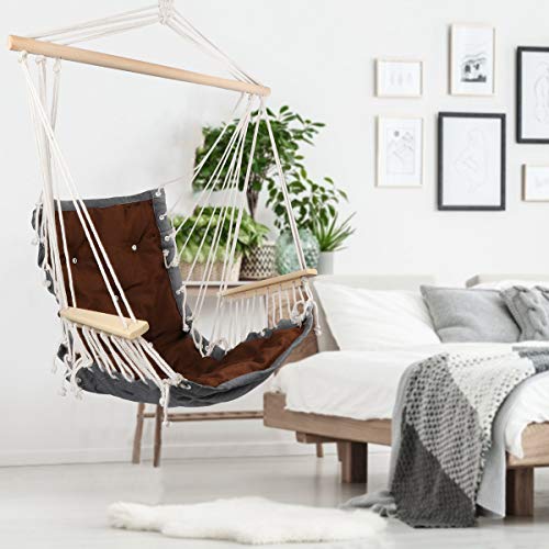 Hanging Rope Hammock Chair with Wooden Handrail, Large Hammock Porch Swing Seat, Cotton Rope Porch Chair for Indoor, Outdoor, Garden, Patio, Porch, Yard - Thumbnail 6