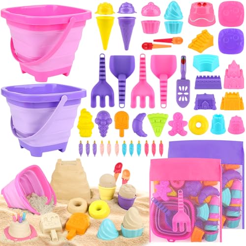 Beach Toys for Kids, 2 Collapsible Sand Bucket and Ice Cream Travel